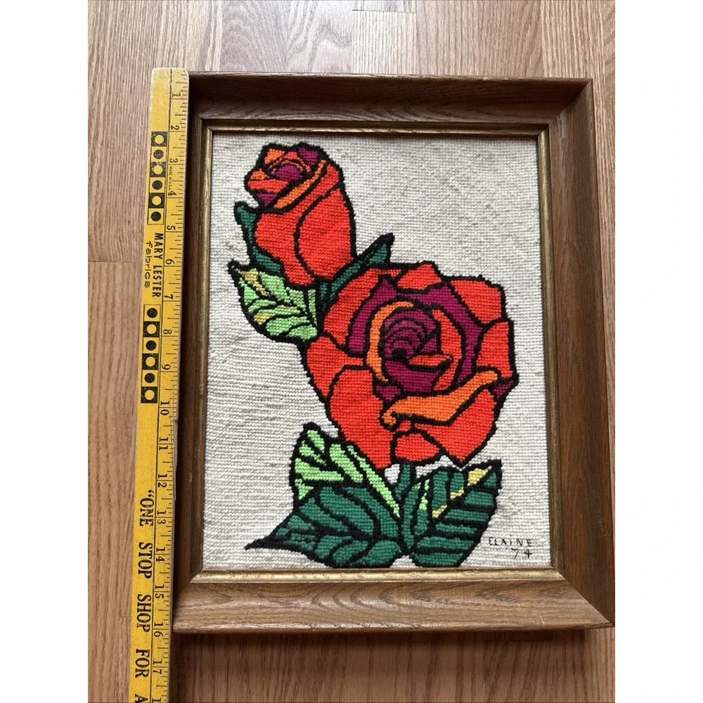 Vintage 1974 Finished Needlepoint Rose Framed Wall Art Retro 70s Punch Needle